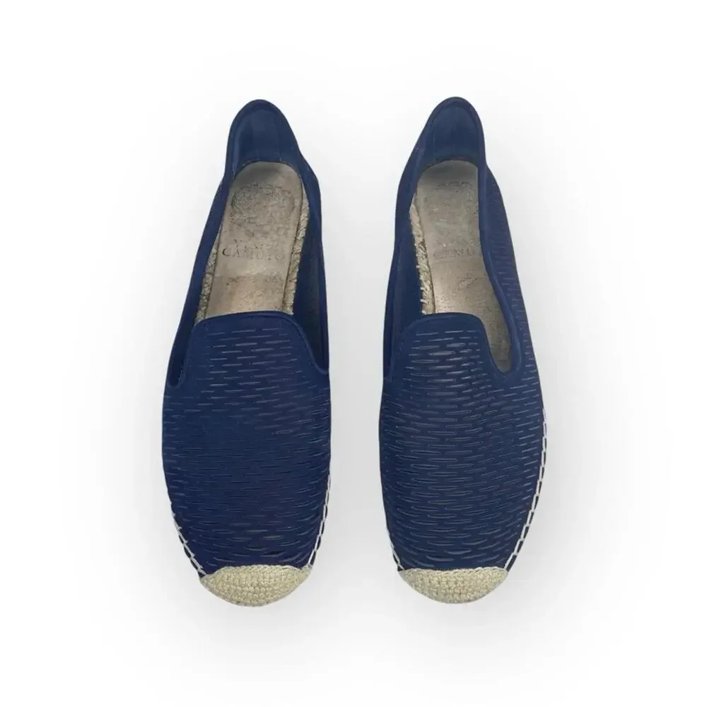Vince Camuto ⌘ Disti Perforated Leather Flat Jute Trim Espadrilles ⌘ Navy 36 6M